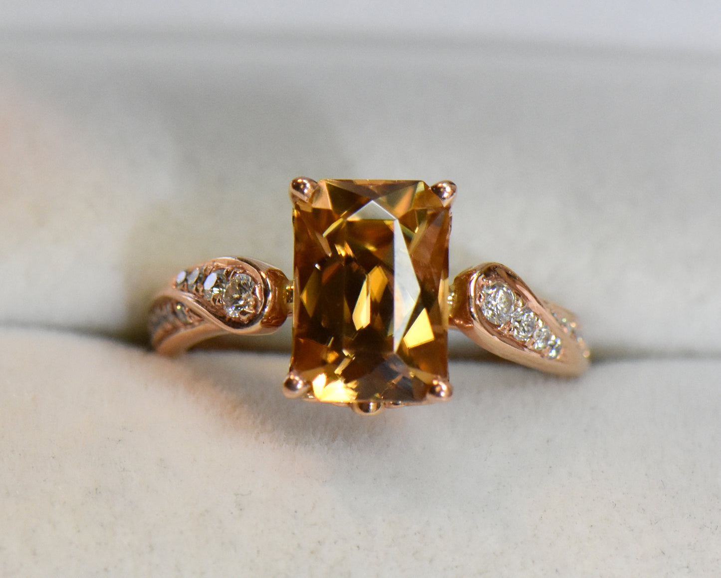 Radiant Golden Zircon Engagement Ring in Rose Gold