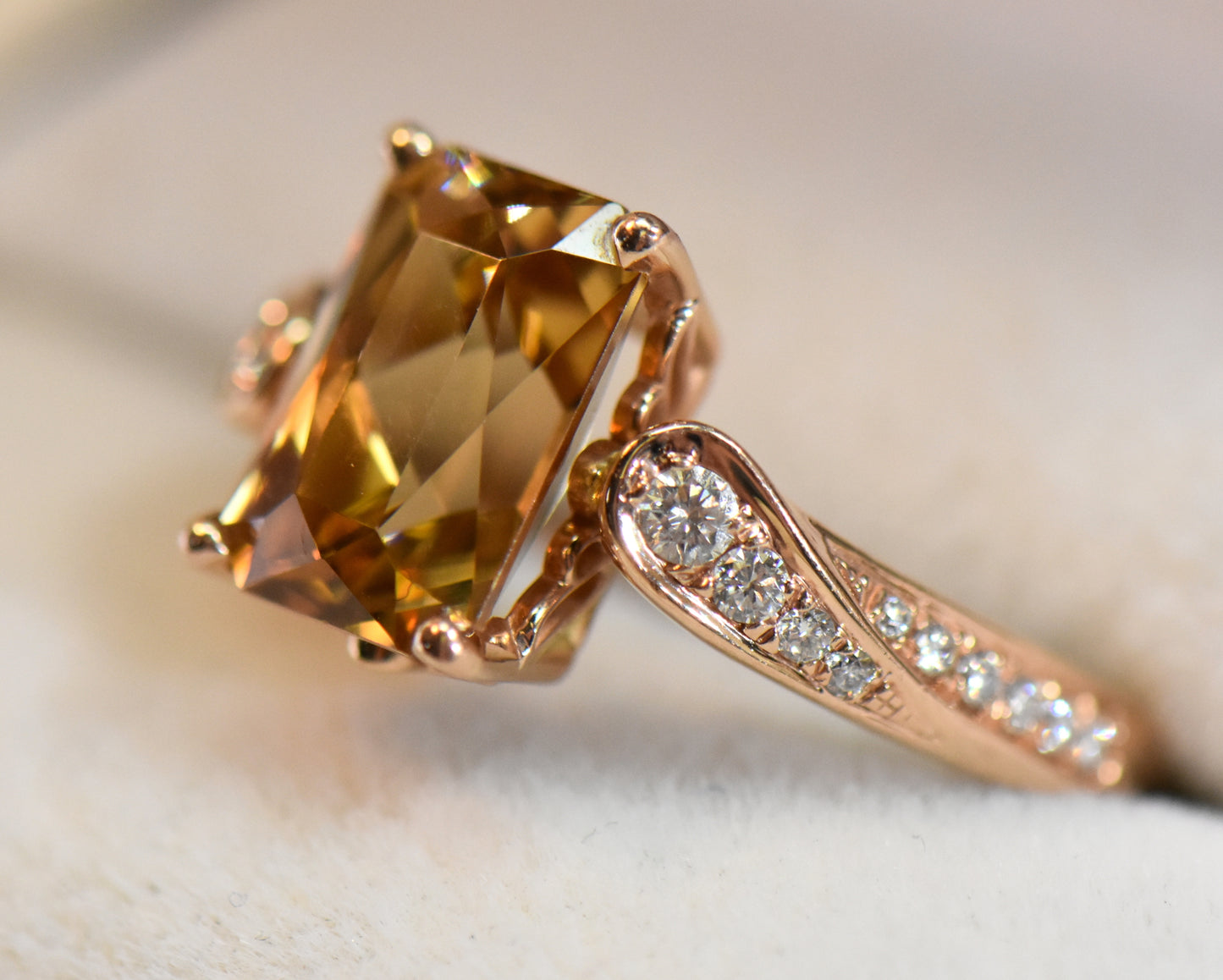 Radiant Golden Zircon Engagement Ring in Rose Gold