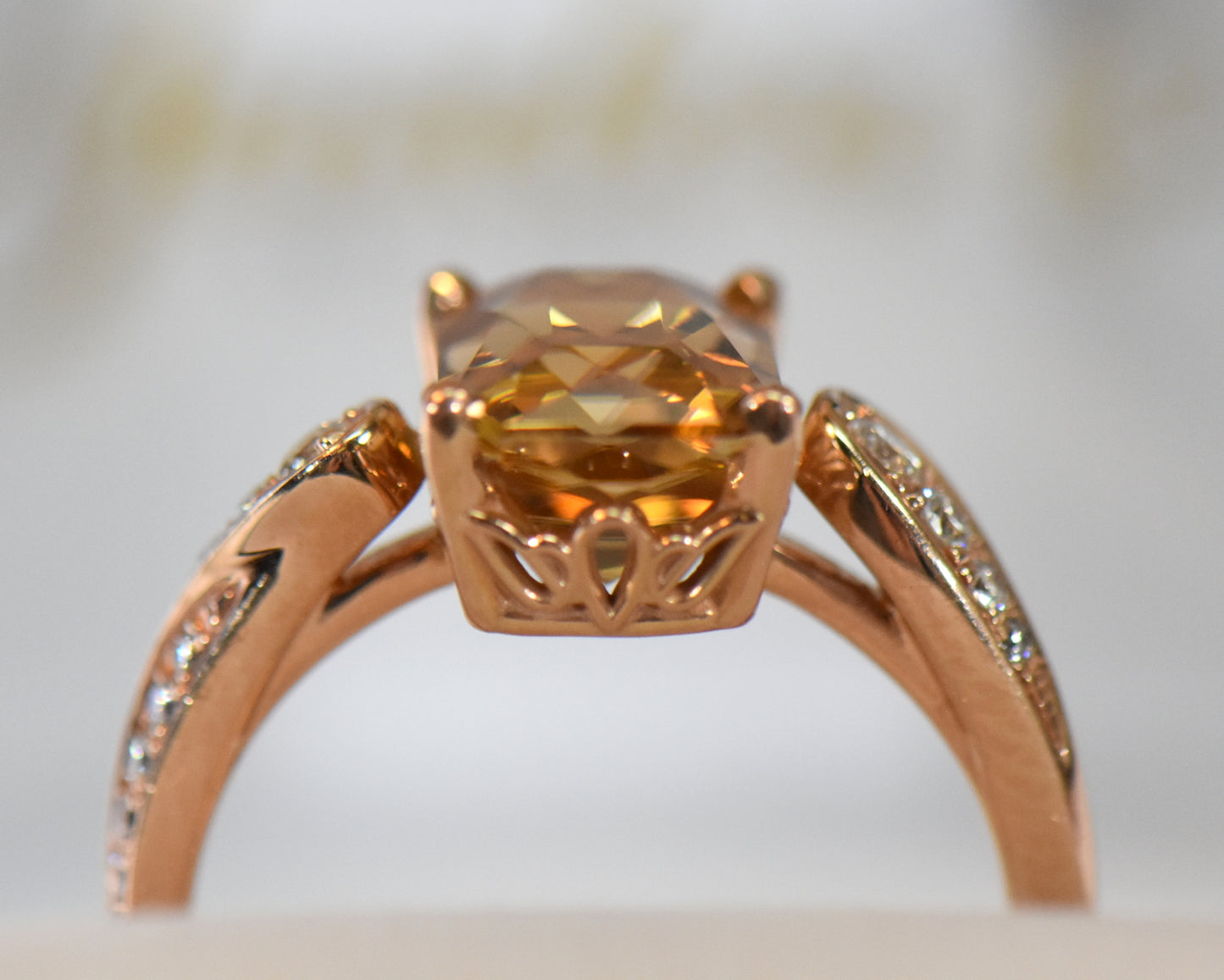 Radiant Golden Zircon Engagement Ring in Rose Gold