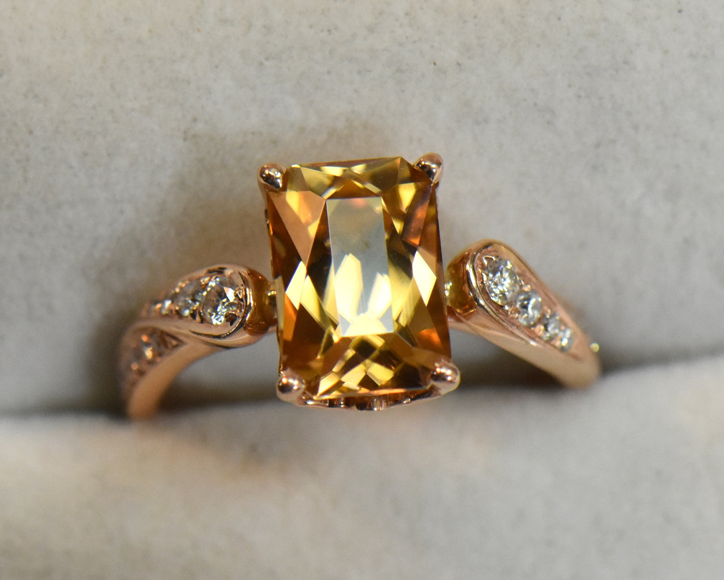 Radiant Golden Zircon Engagement Ring in Rose Gold