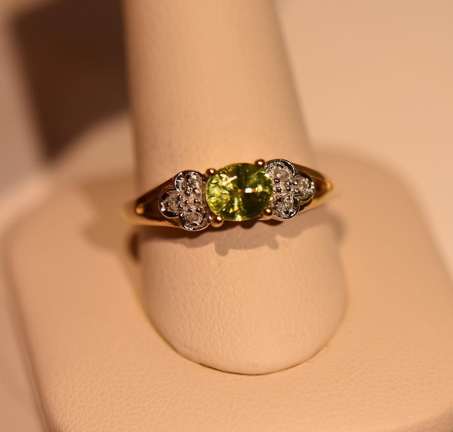 Greenish Yellow Sphene Ring with Diamond Accents - Rare Titanite