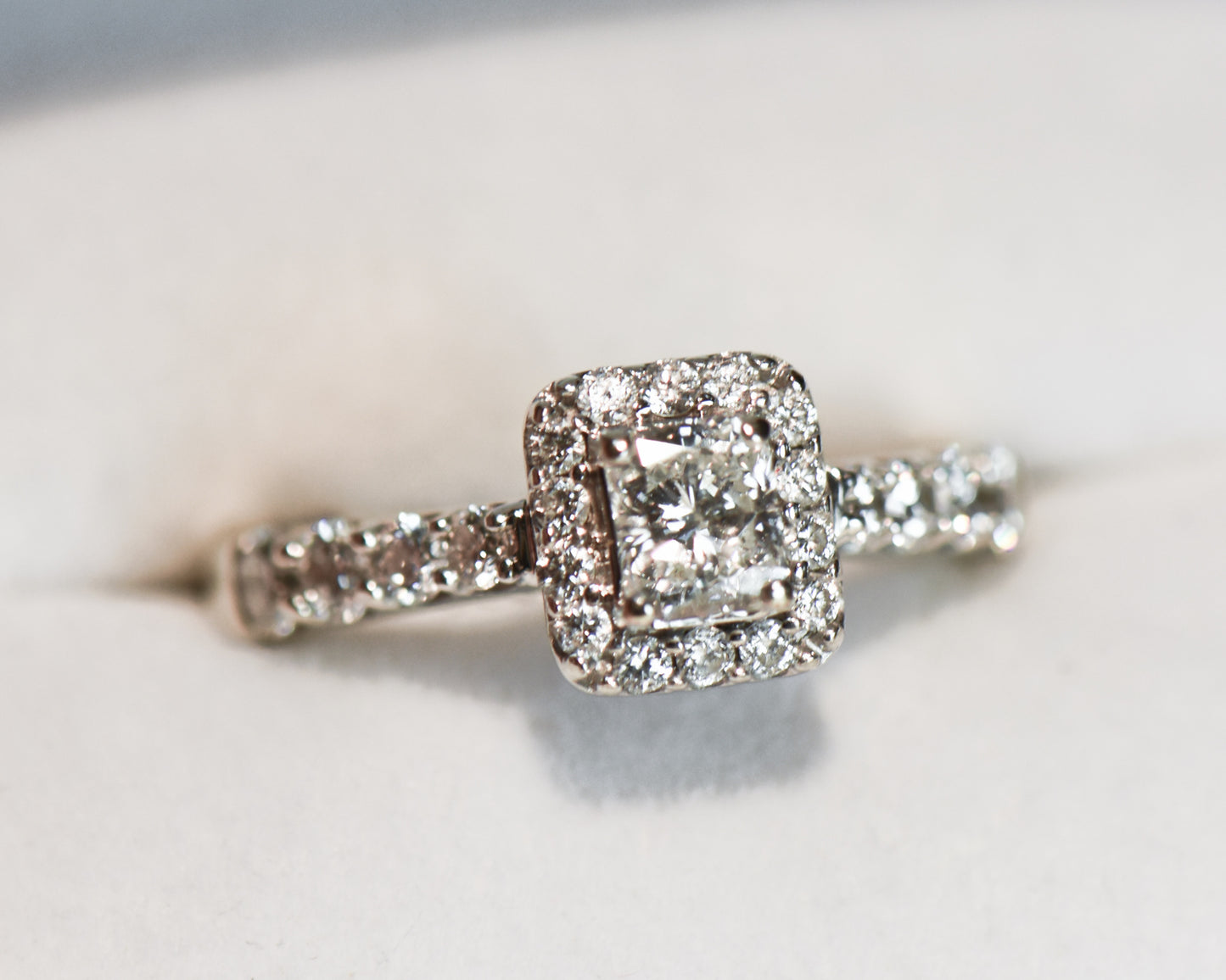 Modern Estate Radiant Cut Diamond Halo Engagement Ring