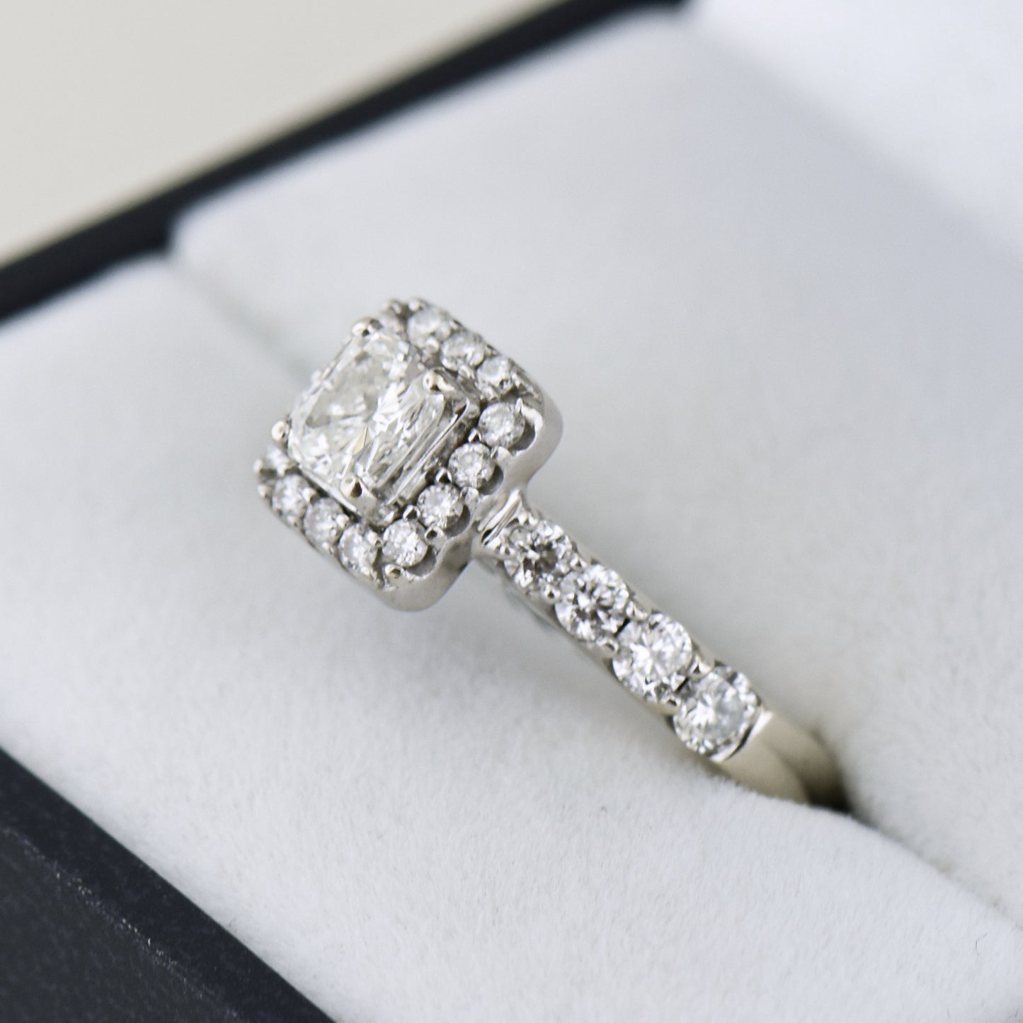 Modern Estate Radiant Cut Diamond Halo Engagement Ring