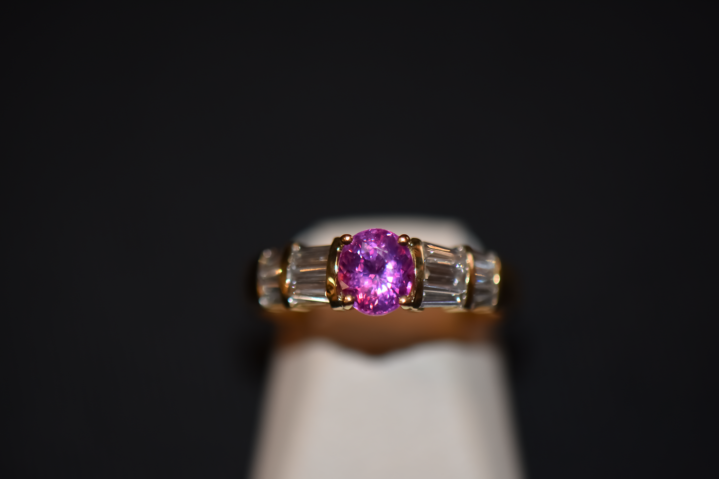 Hot Pink Sapphire Engagement Ring with Baguette Diamond Accents 18k Yellow Gold