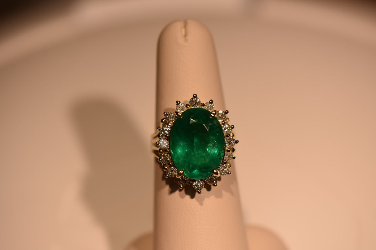 Huge 8ct Natural Emerald Cocktail Ring with Diamond Halo in Yellow Gold
