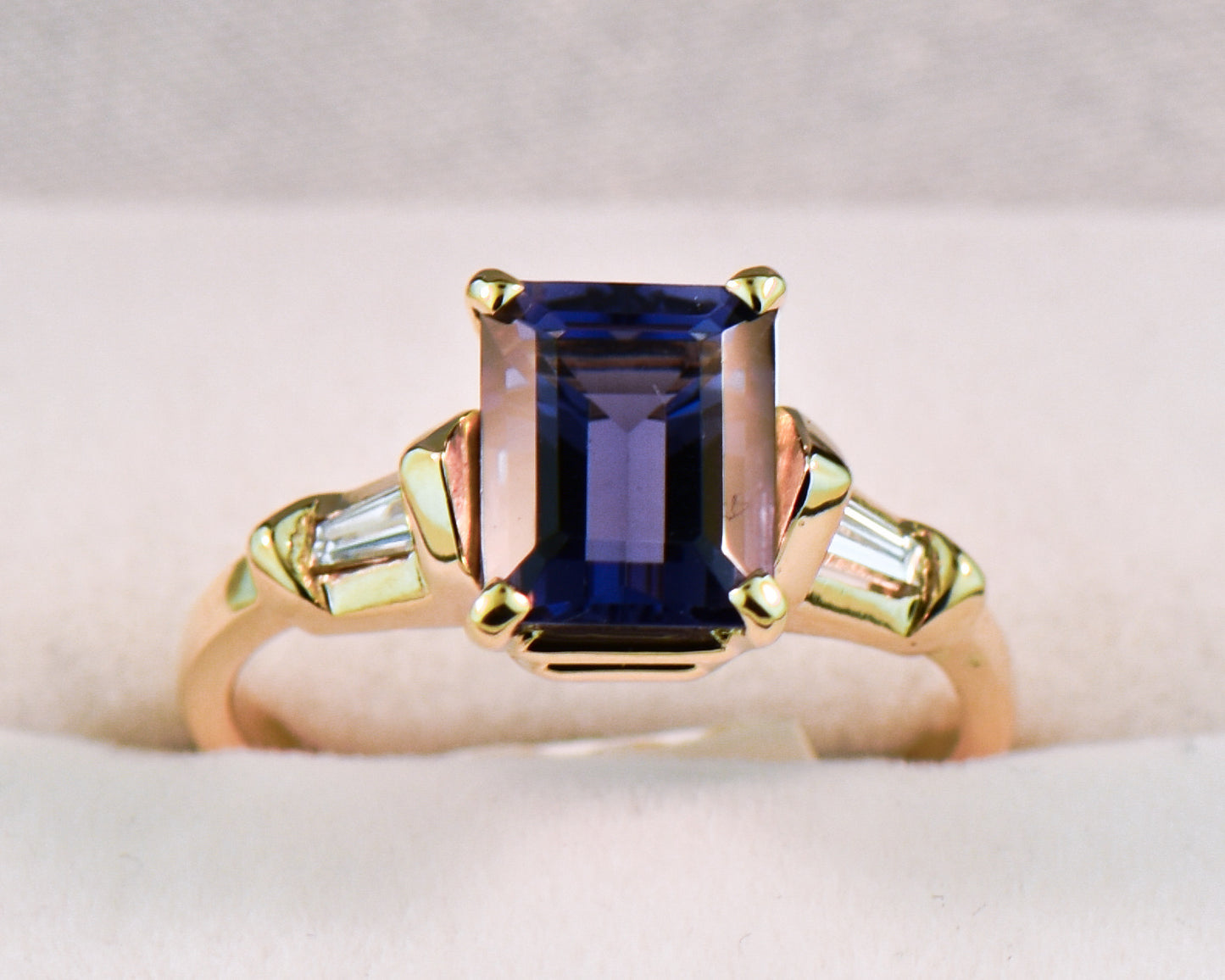 Emerald Cut Iolite & Baguette Diamond Engagement Ring