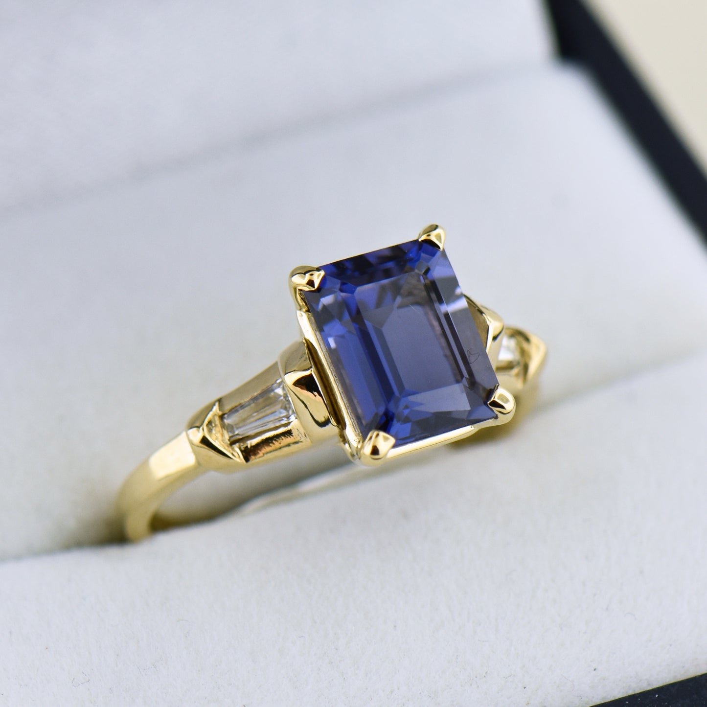 Emerald Cut Iolite & Baguette Diamond Engagement Ring