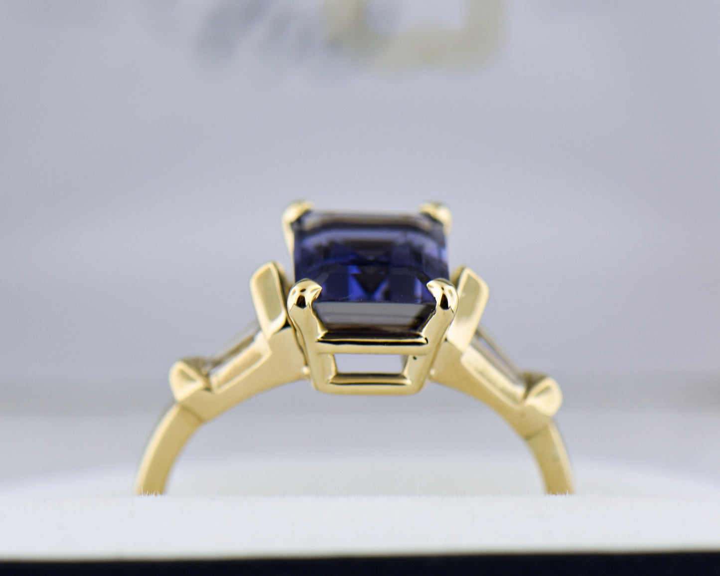 Emerald Cut Iolite & Baguette Diamond Engagement Ring