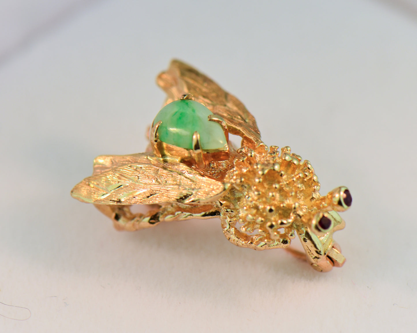 Vintage Gold Bee Brooch with Jade Body & Ruby Eyes