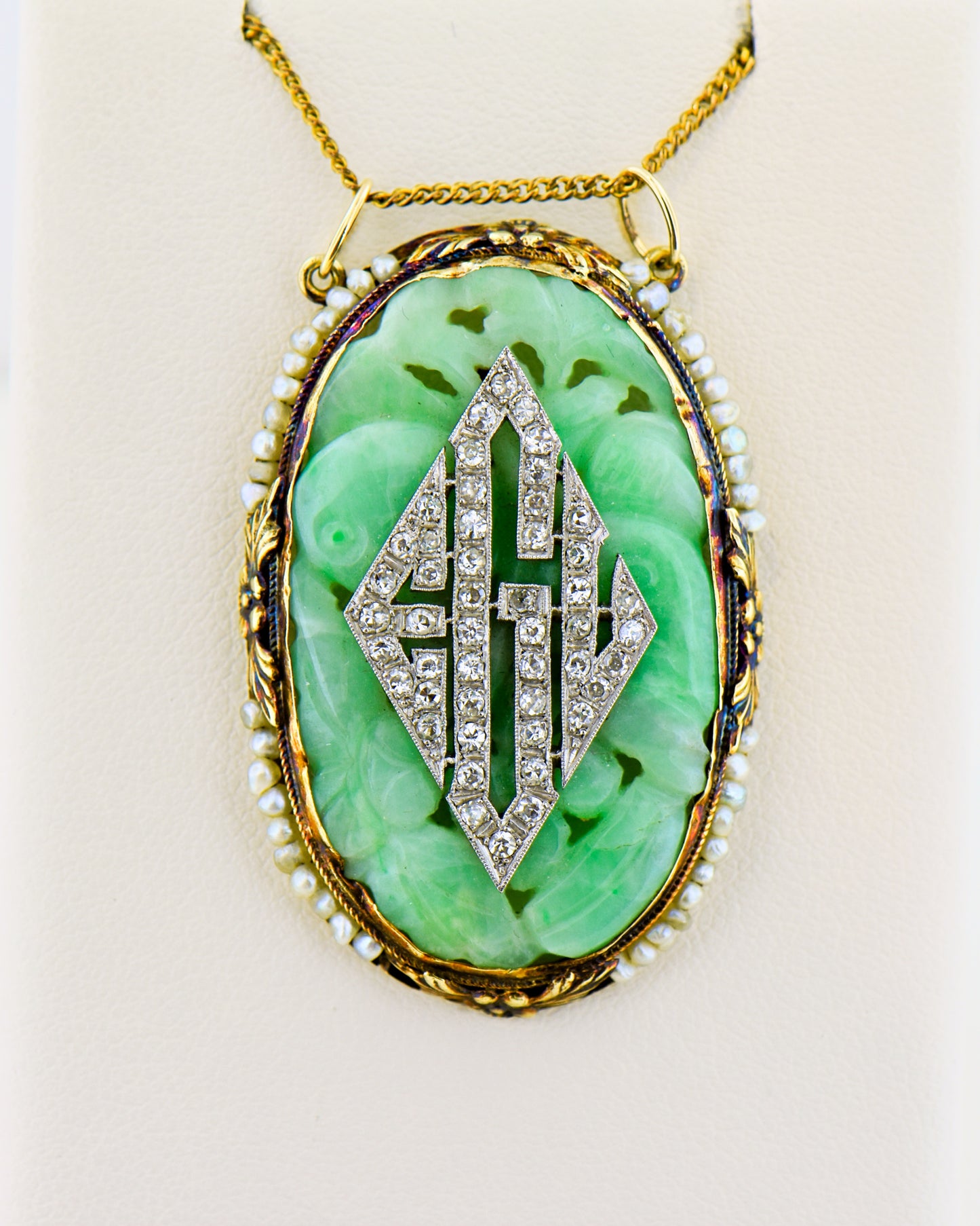 French Art Deco Jade & Diamond Monogram Pendant