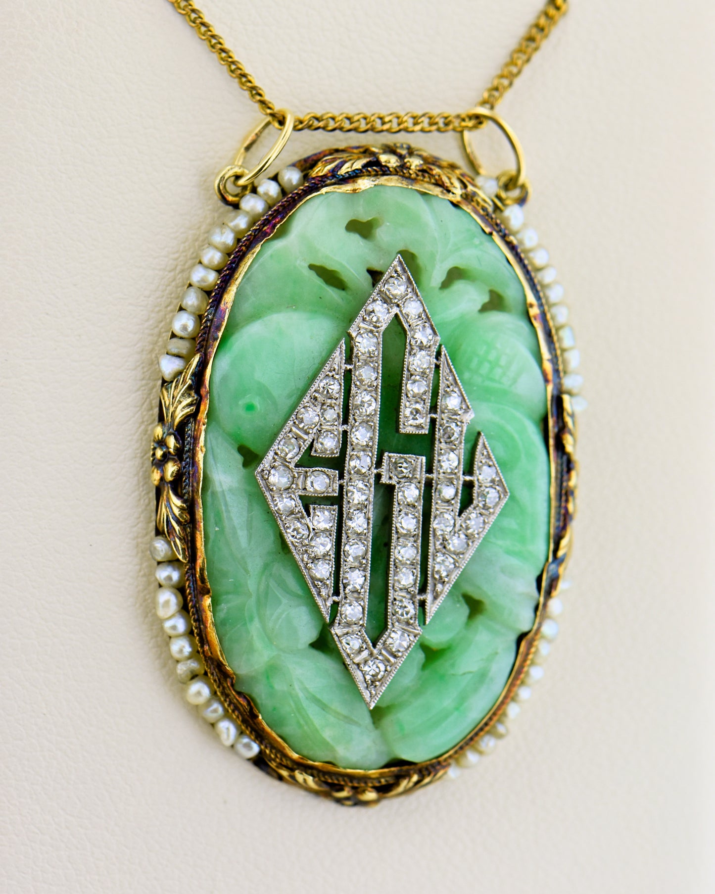 French Art Deco Jade & Diamond Monogram Pendant