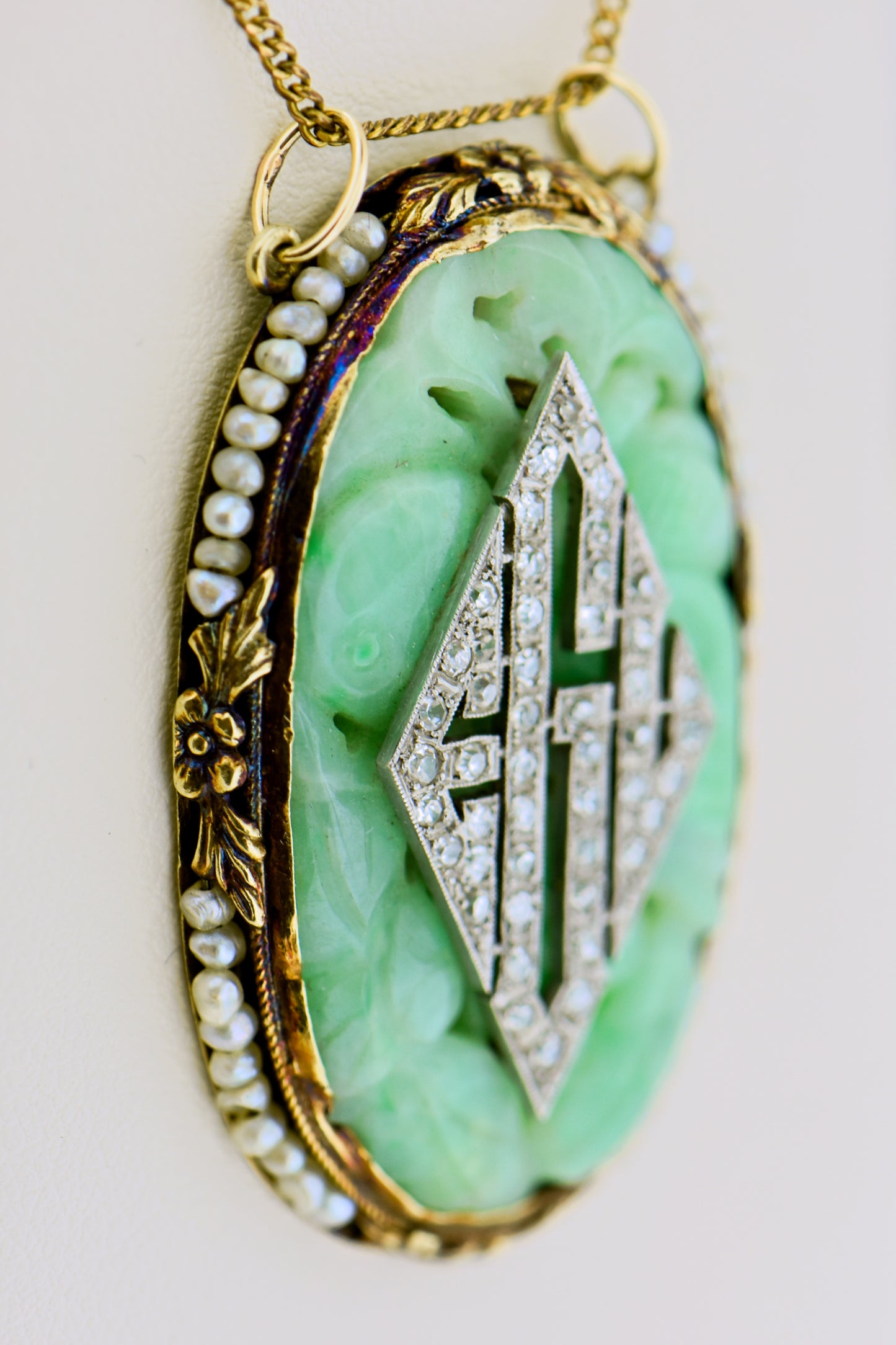 French Art Deco Jade & Diamond Monogram Pendant