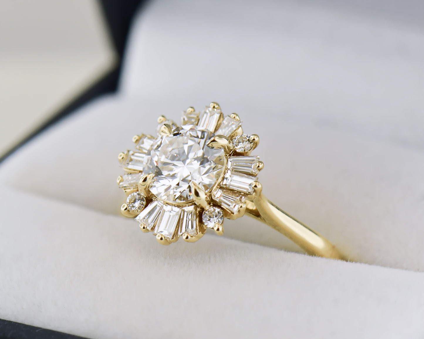 Lab Created Diamond Engagement Ring with Baguette & Round Halo