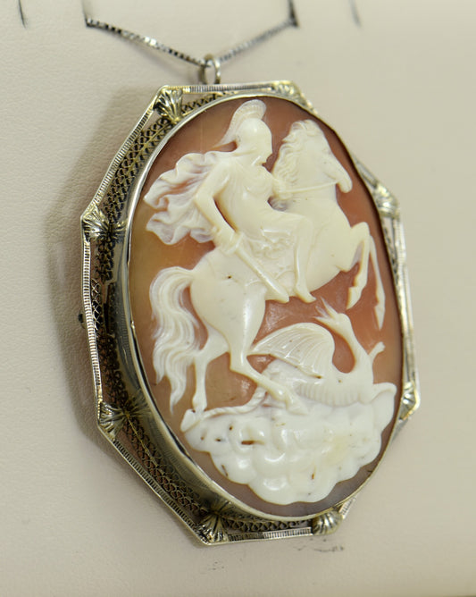 Art Deco Shell Cameo of St George in White Gold "Knight Slaying Dragon"