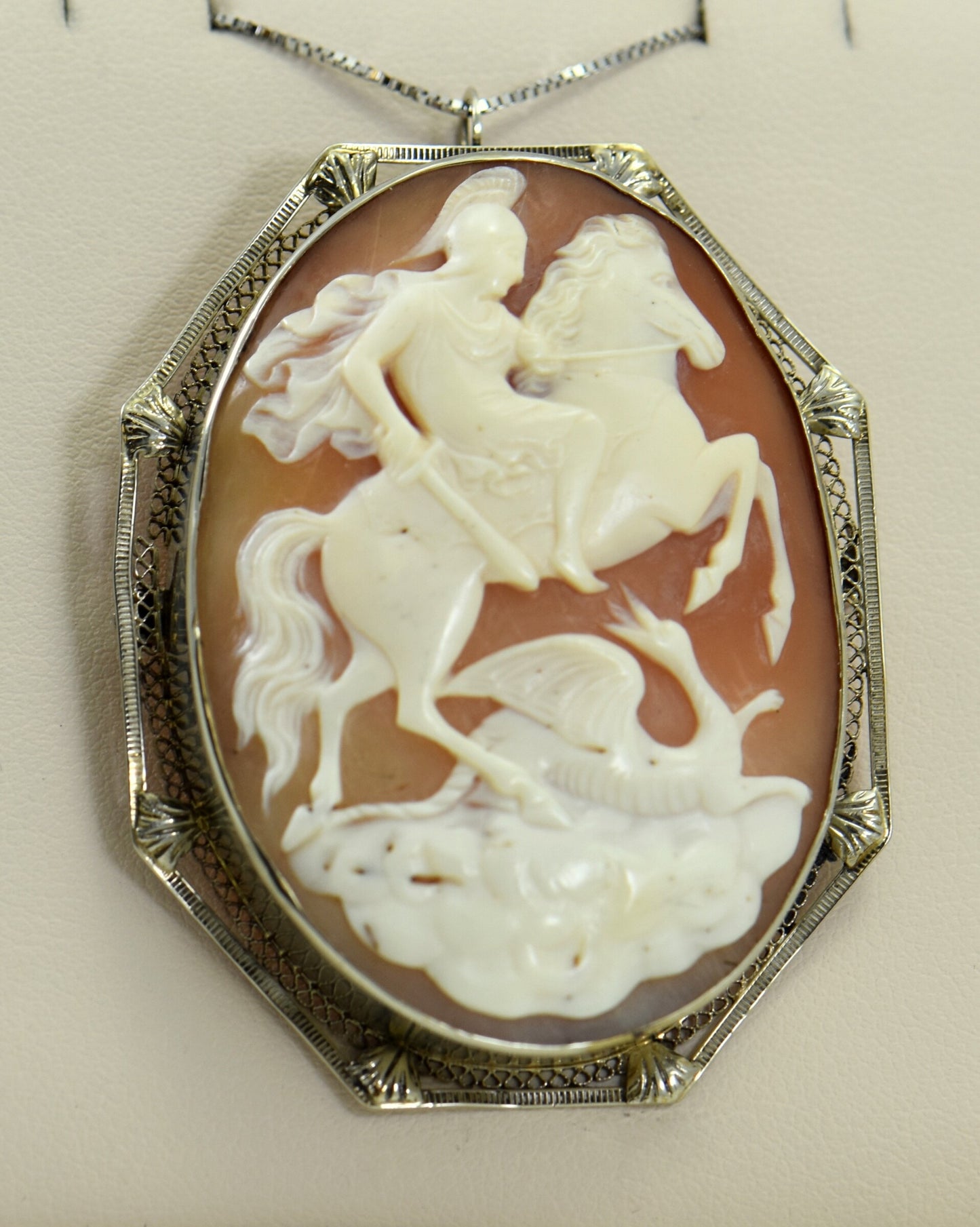 Art Deco Shell Cameo of St George in White Gold "Knight Slaying Dragon"