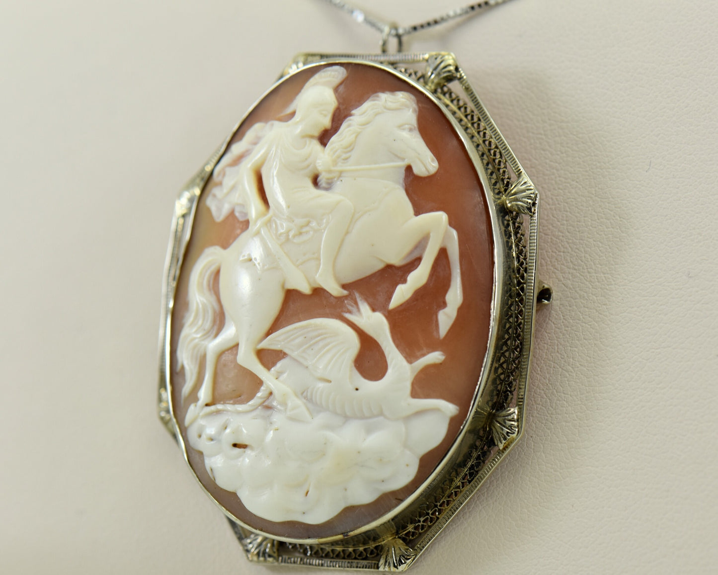 Art Deco Shell Cameo of St George in White Gold "Knight Slaying Dragon"