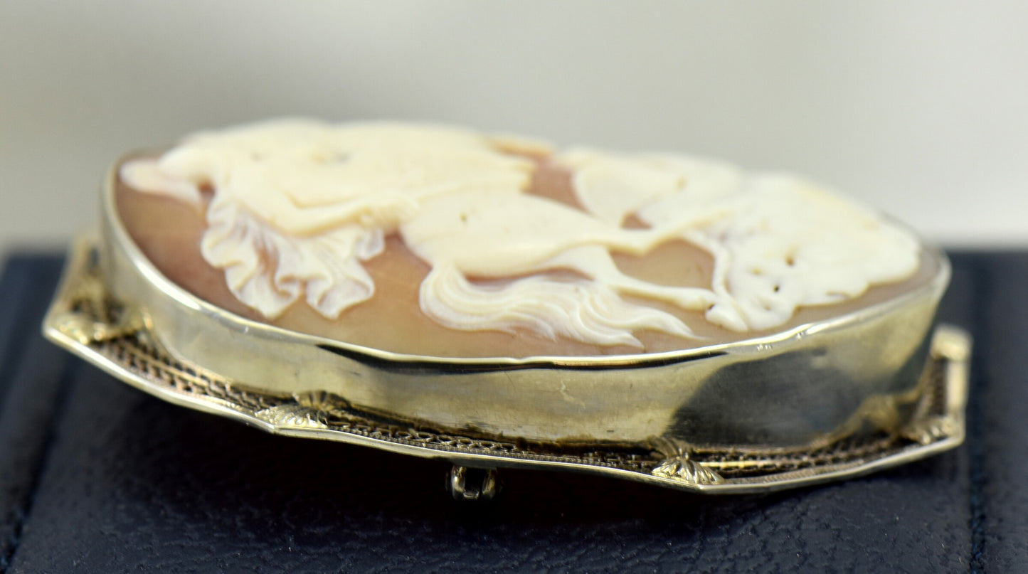 Art Deco Shell Cameo of St George in White Gold "Knight Slaying Dragon"