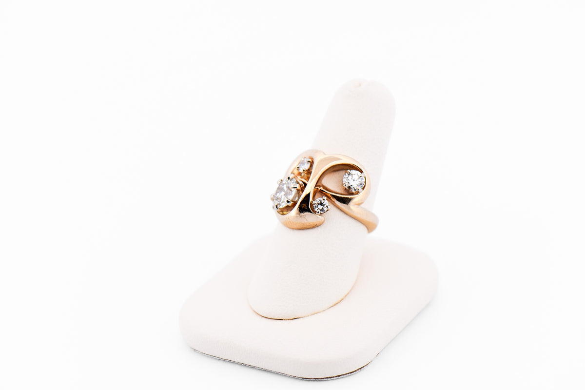 Mid-Century Freeform Sculptural Gold & Diamond Ring with 1ct Old Euro Center