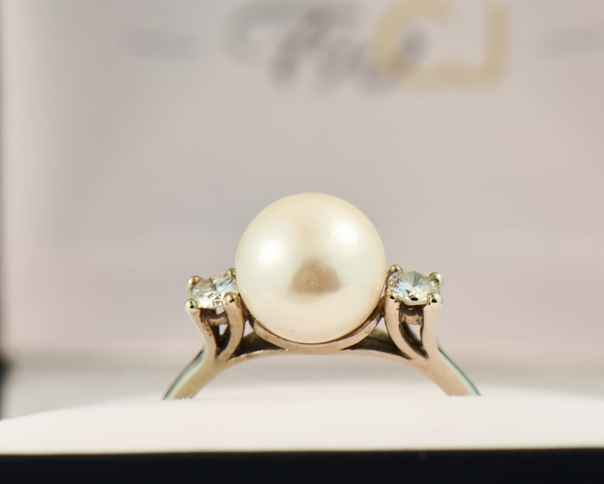 Mid-Century Pearl and Diamond Ring