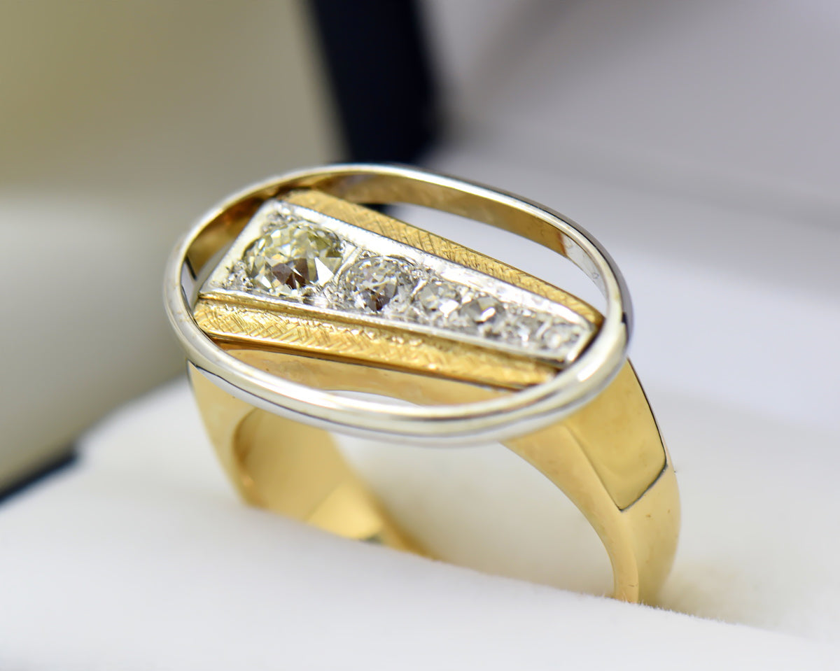 Mid-Century Space Age Gents Ring with Diamonds in Two-Tone Gold