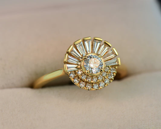 Modern Diamond "Rising Sun" Ring with Baguette & Round Halo