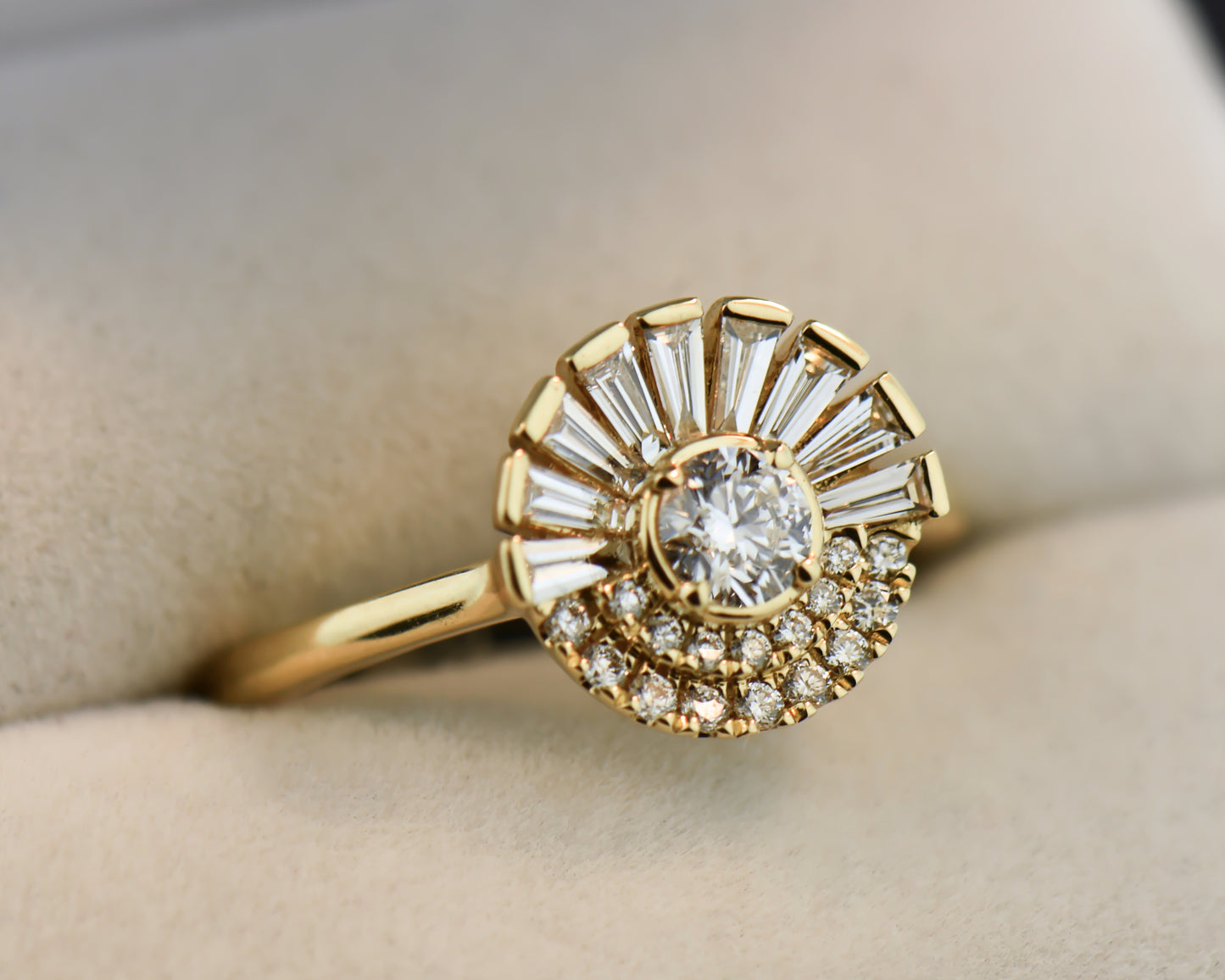 Modern Diamond "Rising Sun" Ring with Baguette & Round Halo