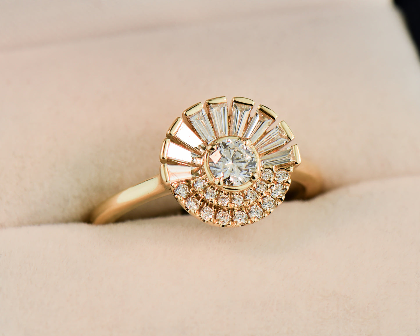 Modern Diamond "Rising Sun" Ring with Baguette & Round Halo