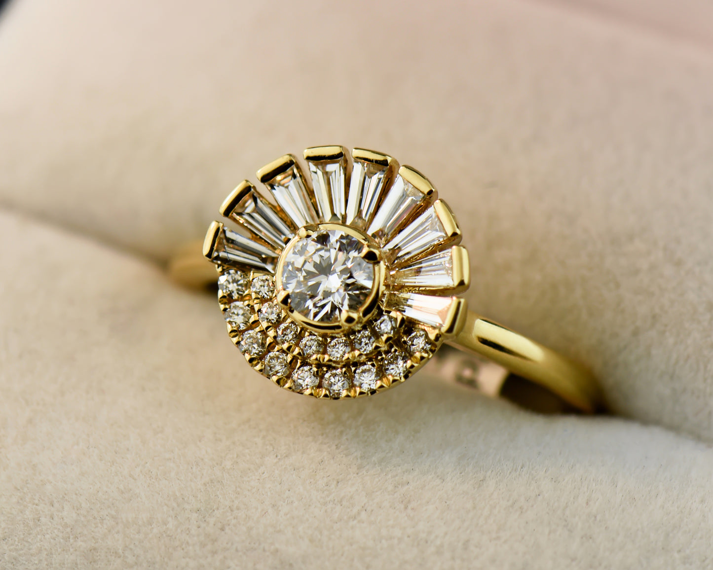 Modern Diamond "Rising Sun" Ring with Baguette & Round Halo