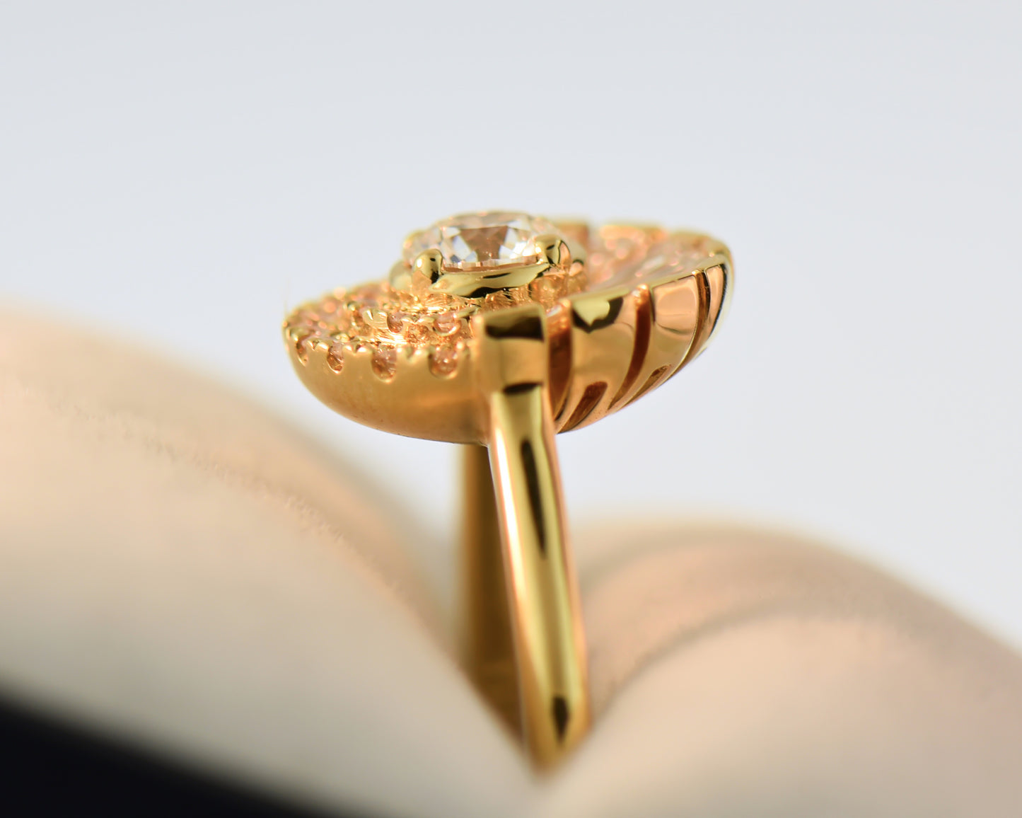 Modern Diamond "Rising Sun" Ring with Baguette & Round Halo