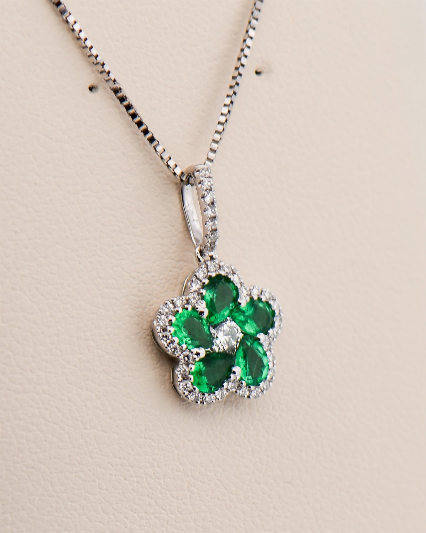 Modern Emerald & Diamond Flower Pendant in 18k White Gold