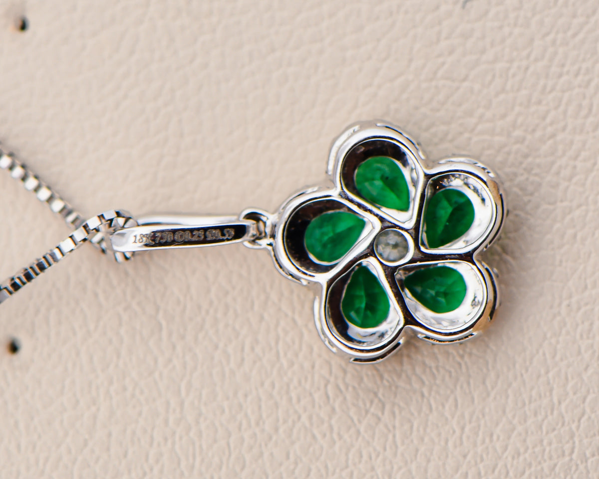 Modern Emerald & Diamond Flower Pendant in 18k White Gold