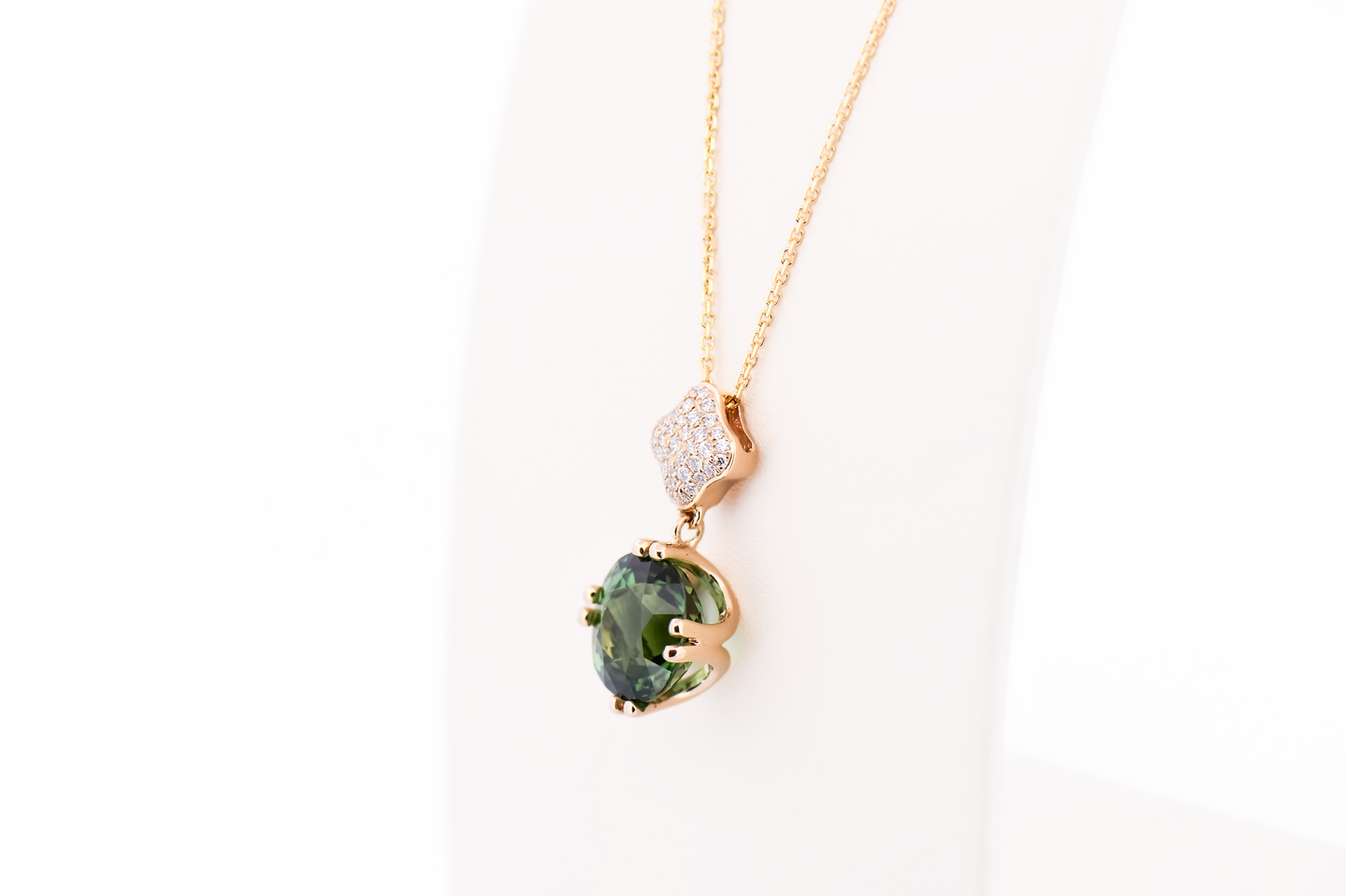 Modern Green Tourmaline Pendant with Pave' Set Diamond Clover Bail
