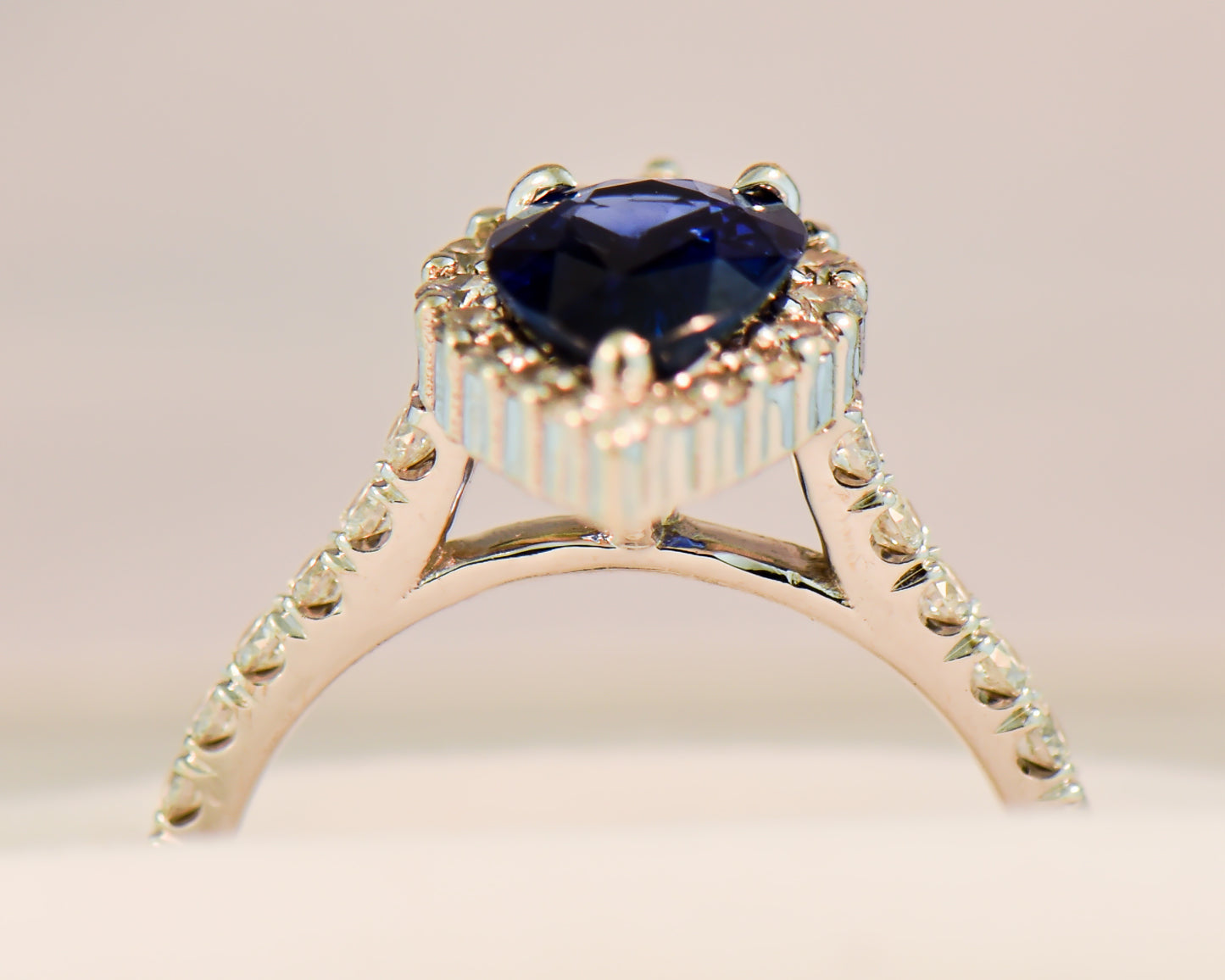 Modern Pear Shape Blue Sapphire & Diamond Halo Ring