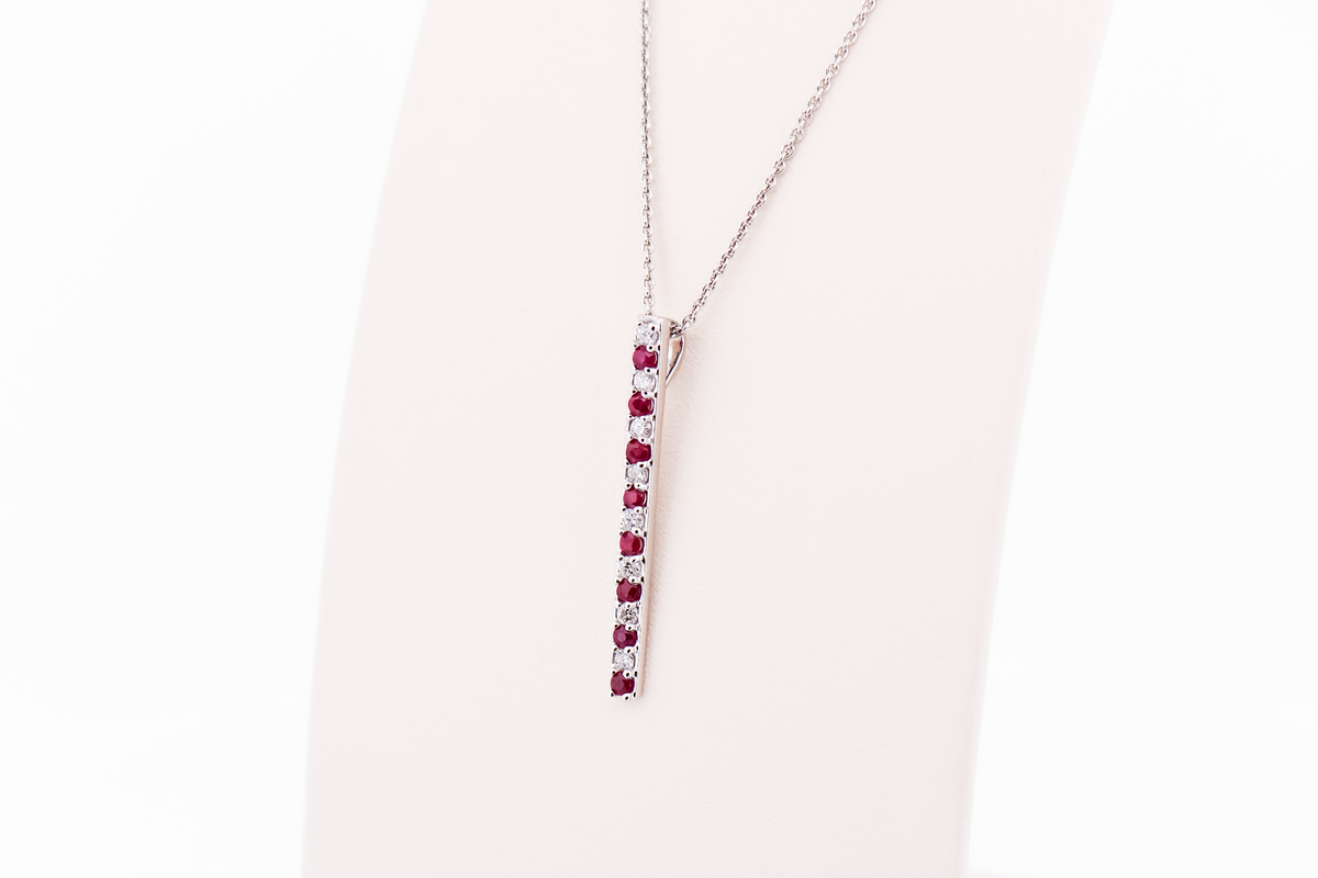 Modern Ruby & Diamond Bar Pendant in White Gold