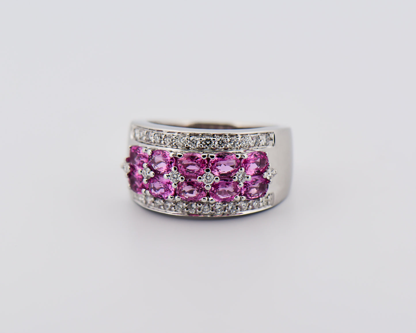 Modern Wide Band Ring with Oval Pink Sapphires & Diamonds