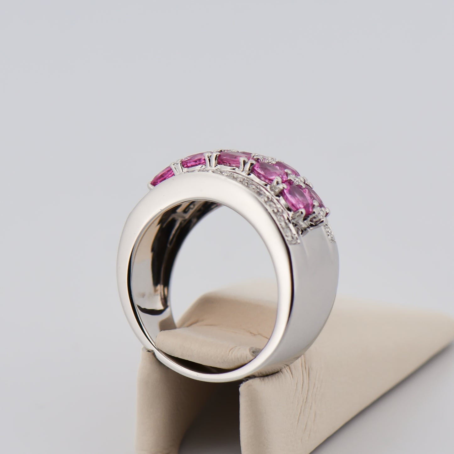 Modern Wide Band Ring with Oval Pink Sapphires & Diamonds