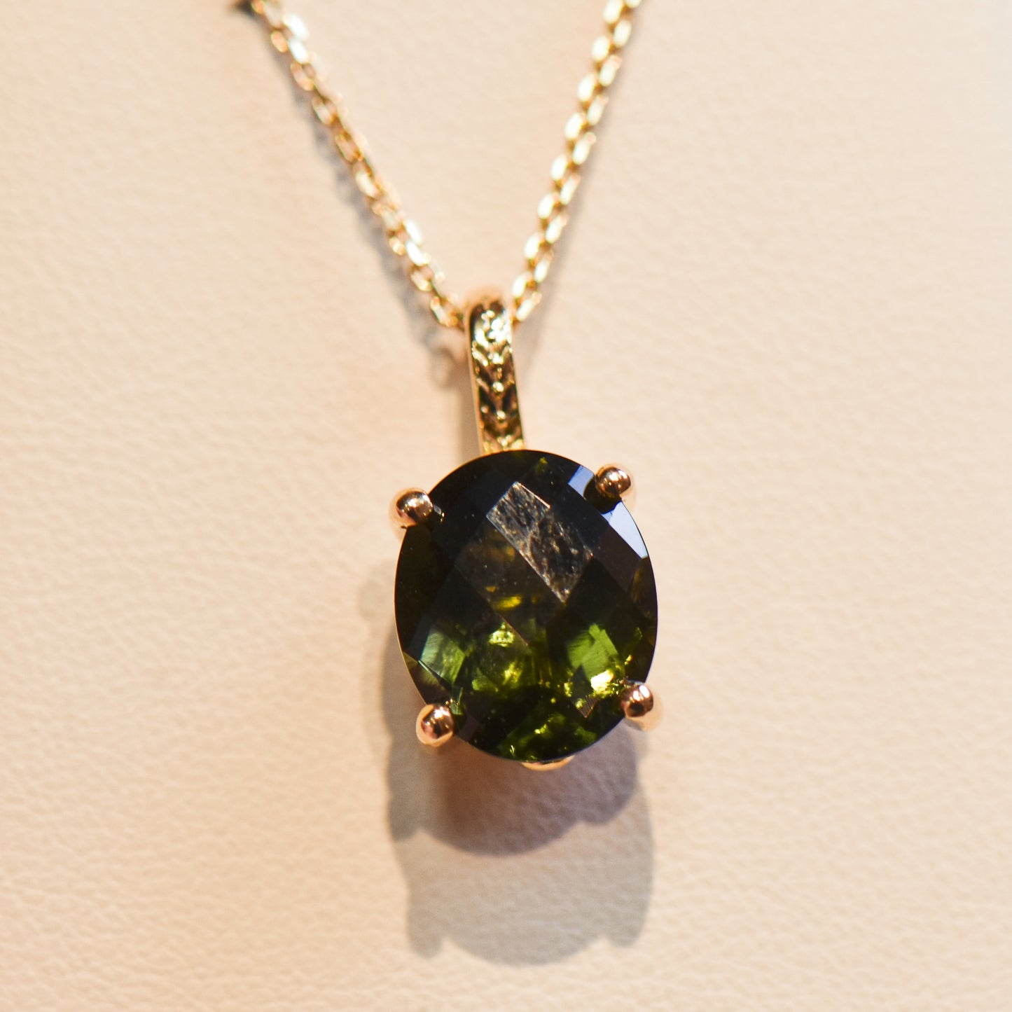 Oval Moldavite Pendant in Yellow Gold
