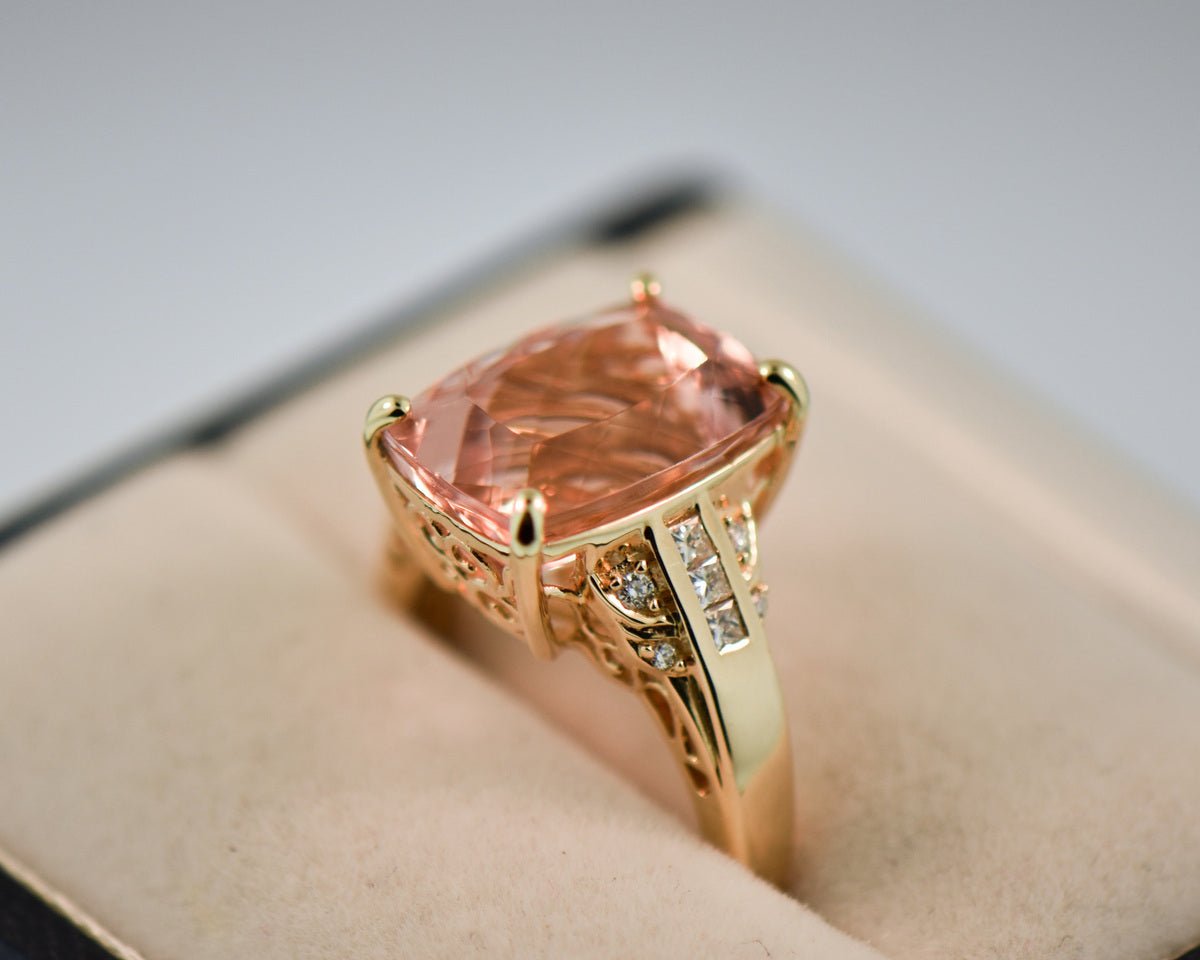 Cushion Cut Morganite Ring with Diamonds in 18k