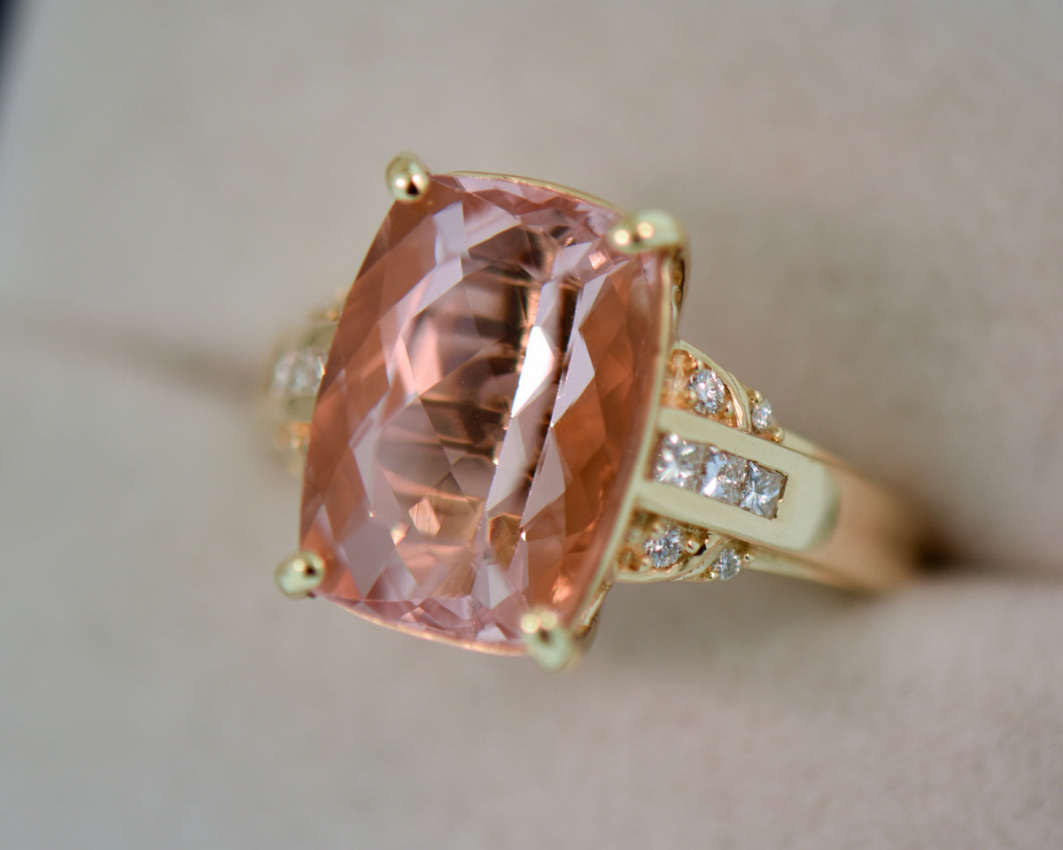 Cushion Cut Morganite Ring with Diamonds in 18k