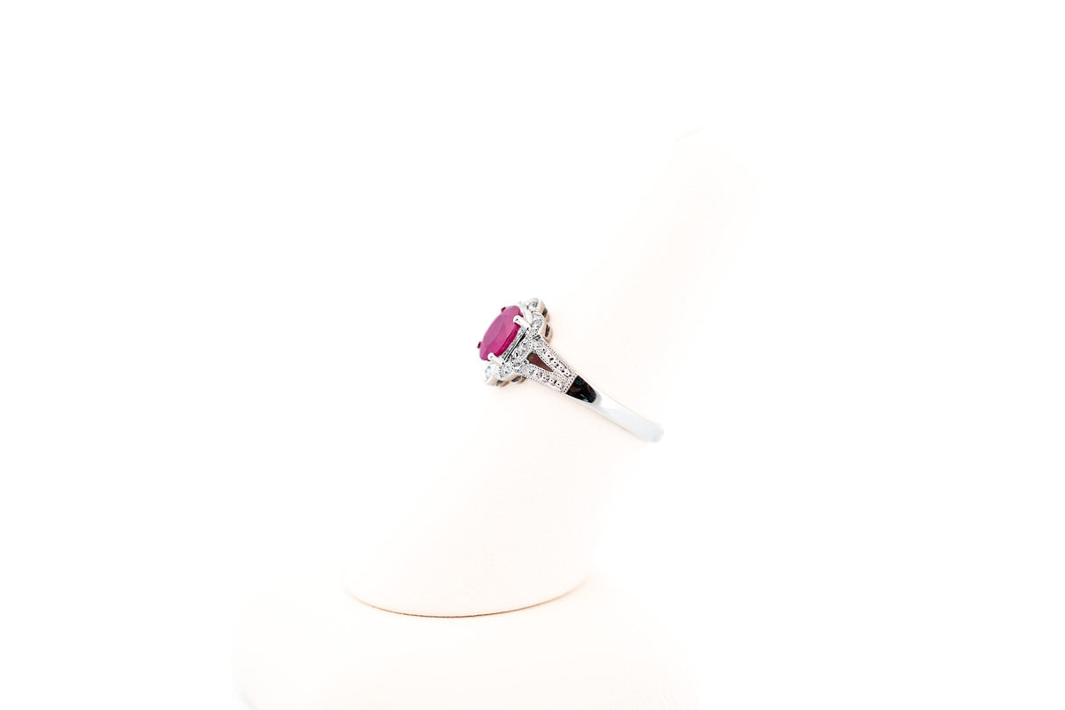 Natural Ruby & Diamond Halo Ring in White Gold