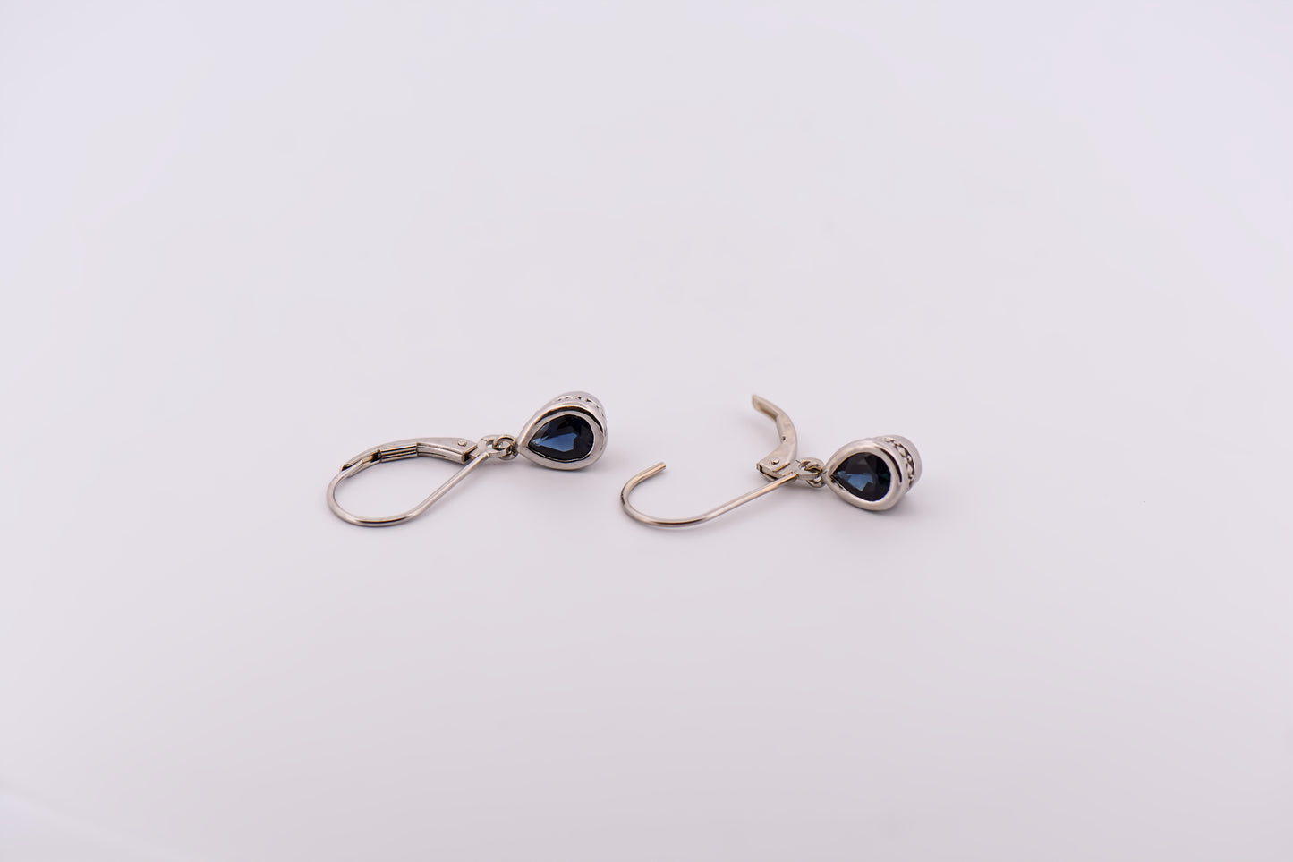 Navy Blue Sapphire Dangle Earrings on White Gold Leverbacks