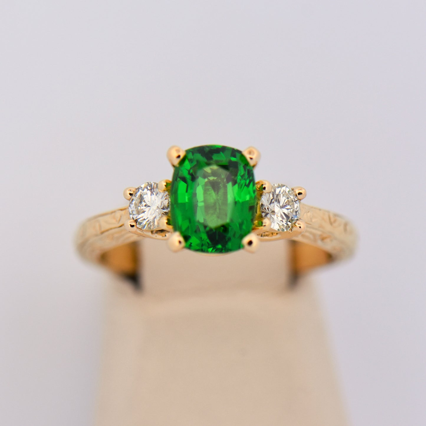 2ct Tsavorite & Diamond 3-Stone Ring in Carved Gold
