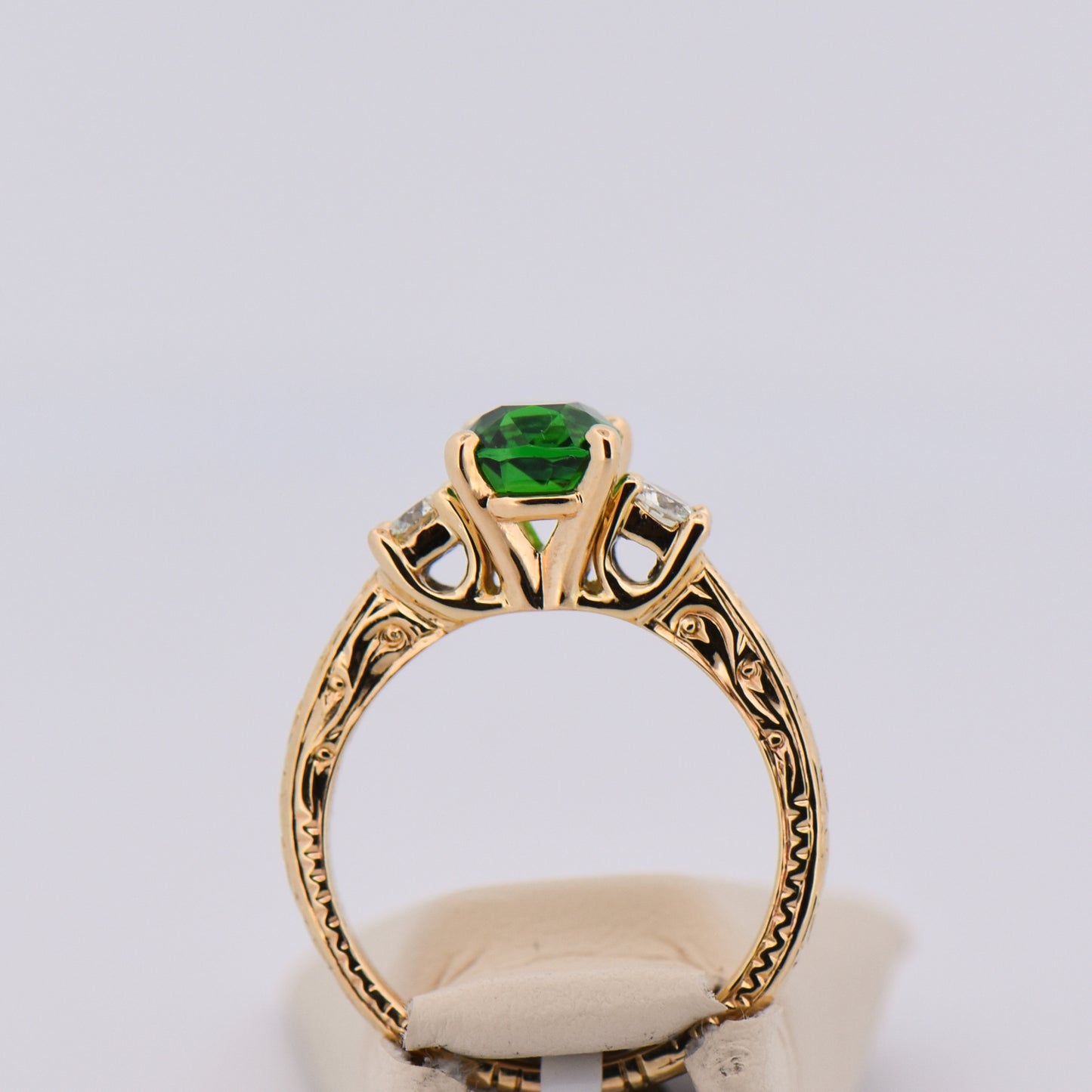 2ct Tsavorite & Diamond 3-Stone Ring in Carved Gold