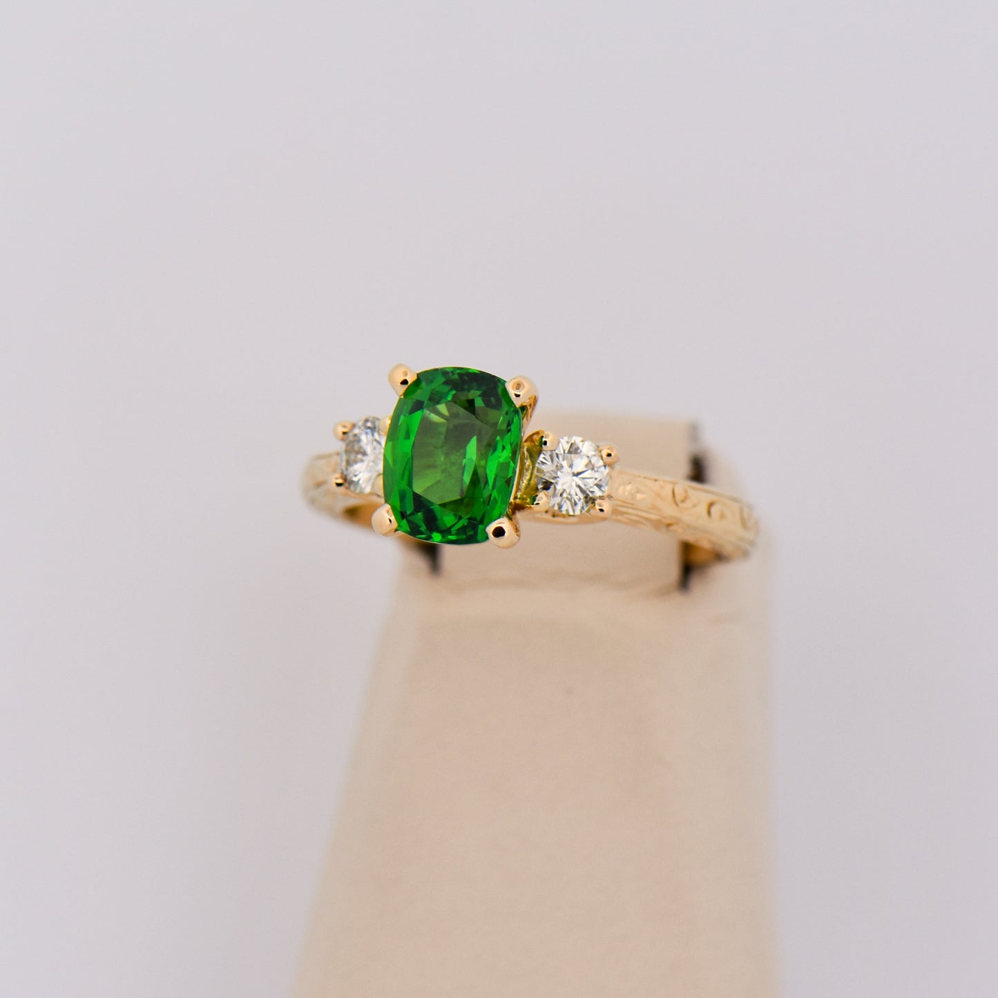 2ct Tsavorite & Diamond 3-Stone Ring in Carved Gold