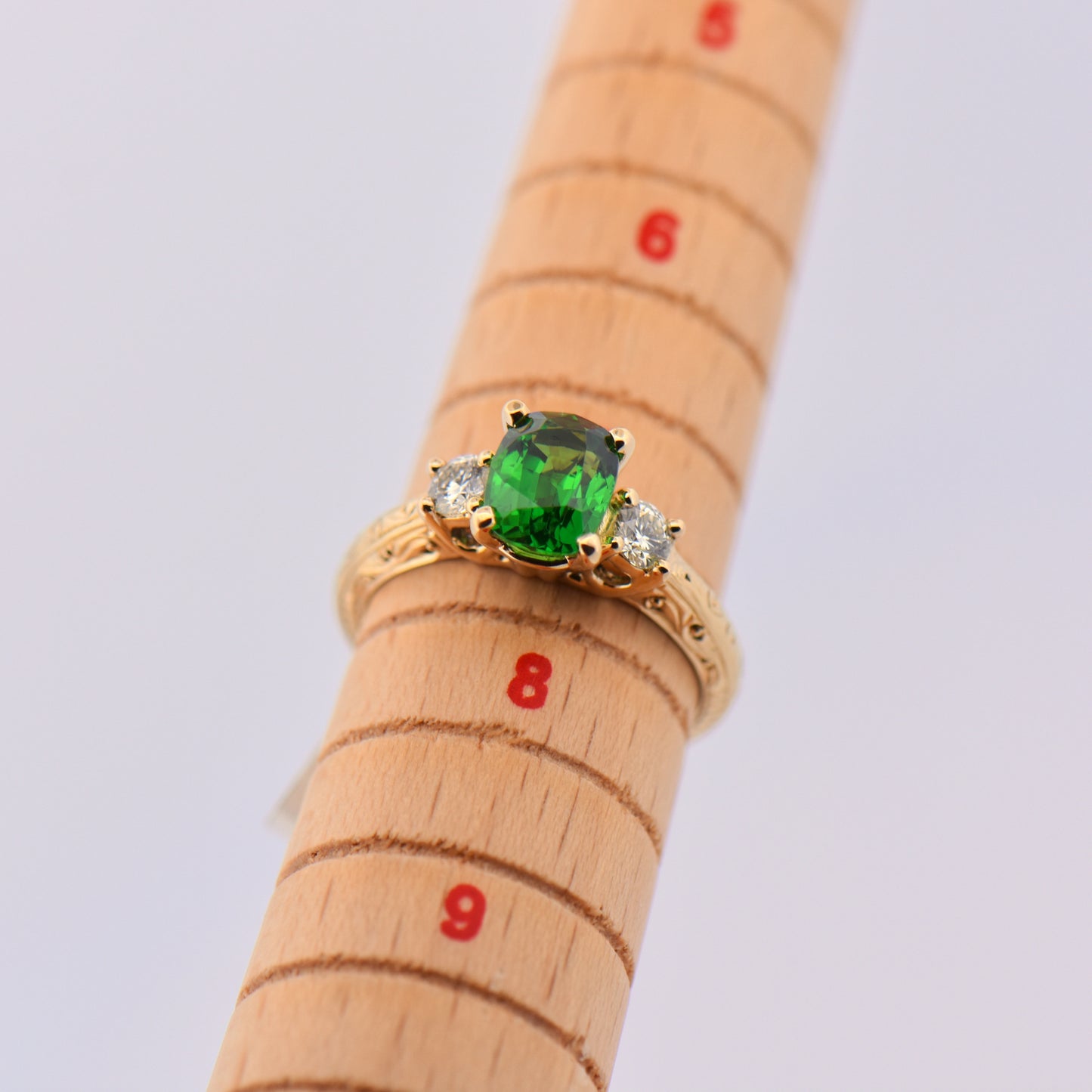 2ct Tsavorite & Diamond 3-Stone Ring in Carved Gold