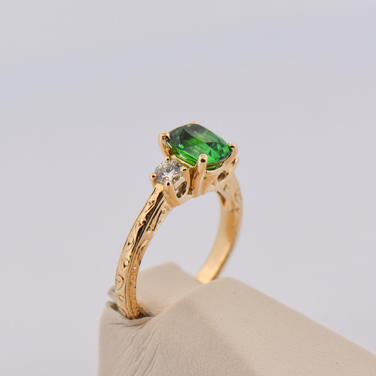 2ct Tsavorite & Diamond 3-Stone Ring in Carved Gold