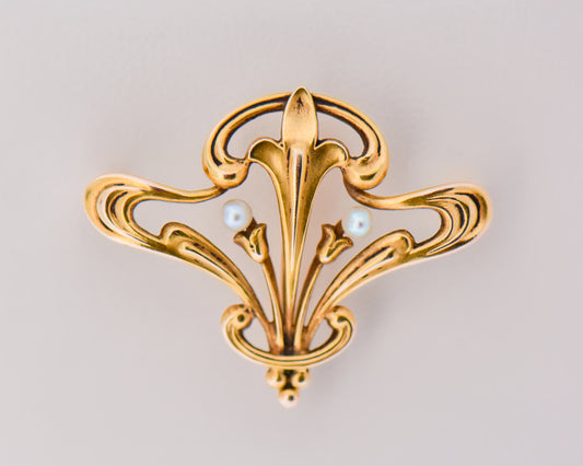 Art Nouveau Gold Brooch with Pearl Accents