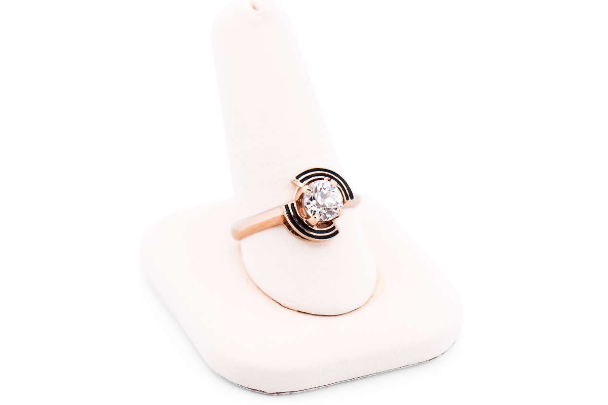 Old European Cut Diamond Engagement Ring with Black Enamel Frame