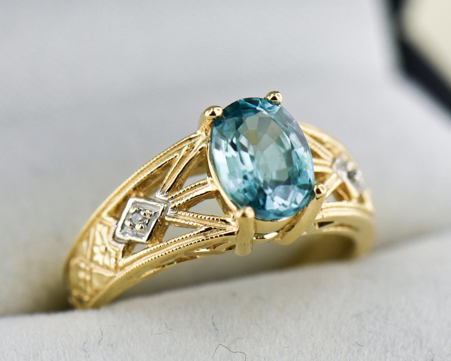 Vintage Style Blue Zircon & Diamond Ring in Yellow Gold