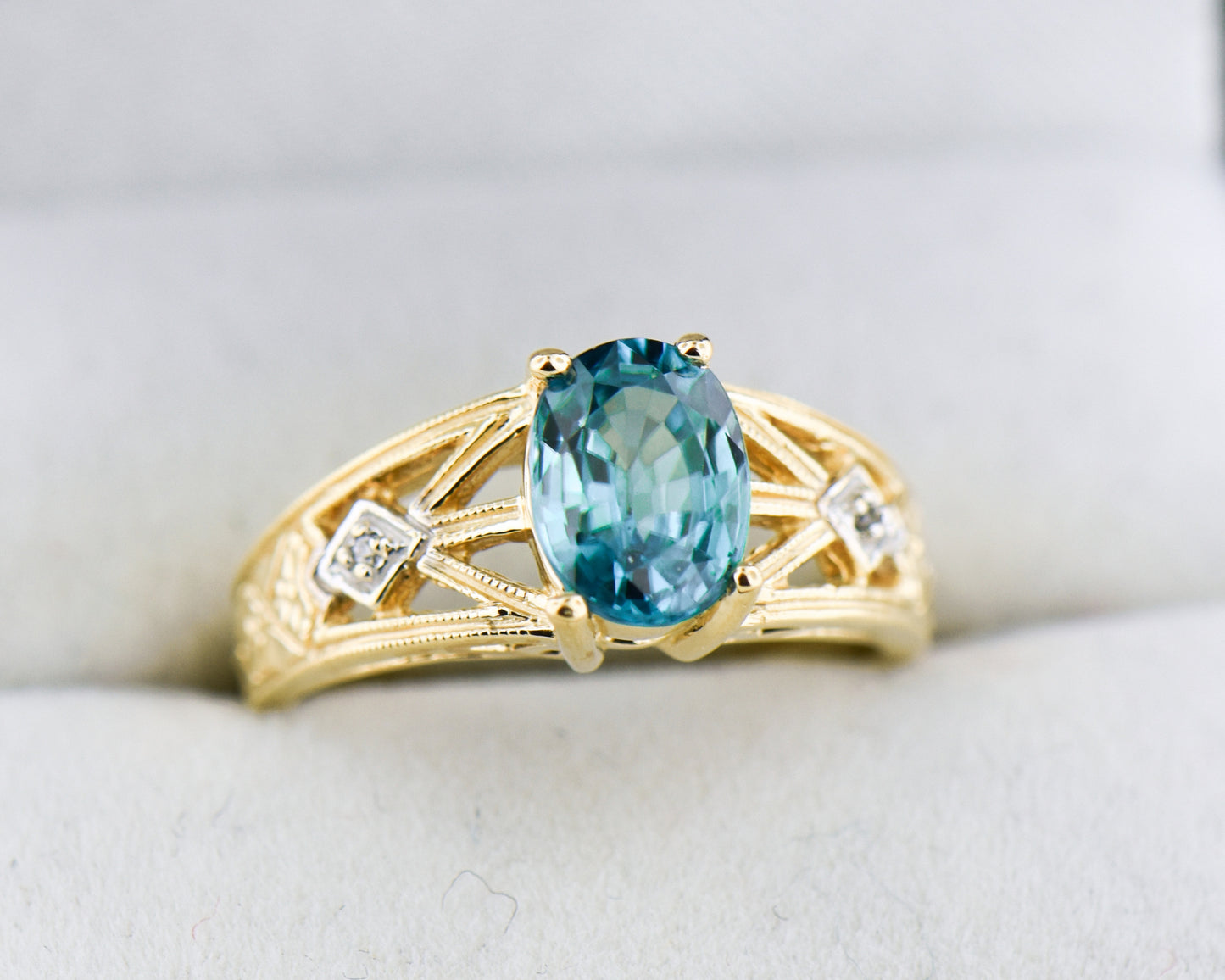 Vintage Style Blue Zircon & Diamond Ring in Yellow Gold